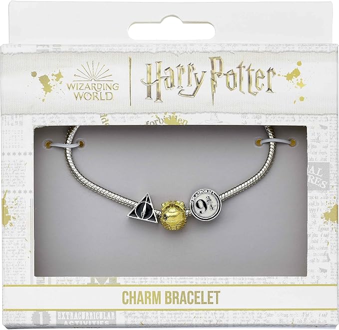The Carat Shop Harry Potter Silver Charm Bracelet With Deathly Hallows And Golden Snitch And Way 9 3/4-17 Cm