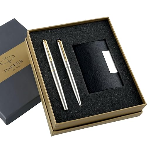Parker Galaxy Silver Body | Stainless Steel | Gold Trim + Free Card Holder (2 Count, Pack Of 2, Ink - Blue)