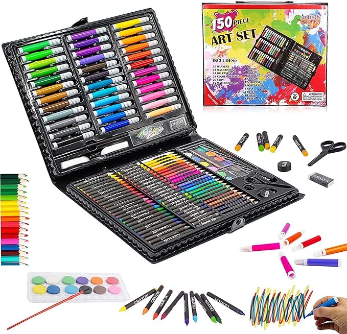 Shuban Deluxe 150-piece Art Set & Drawing Kit - Perfect Christmas And Rakhi Gift - Includes Crayons, Oil Pastels, And Colored Pencils Other Stationary Item (black Box)