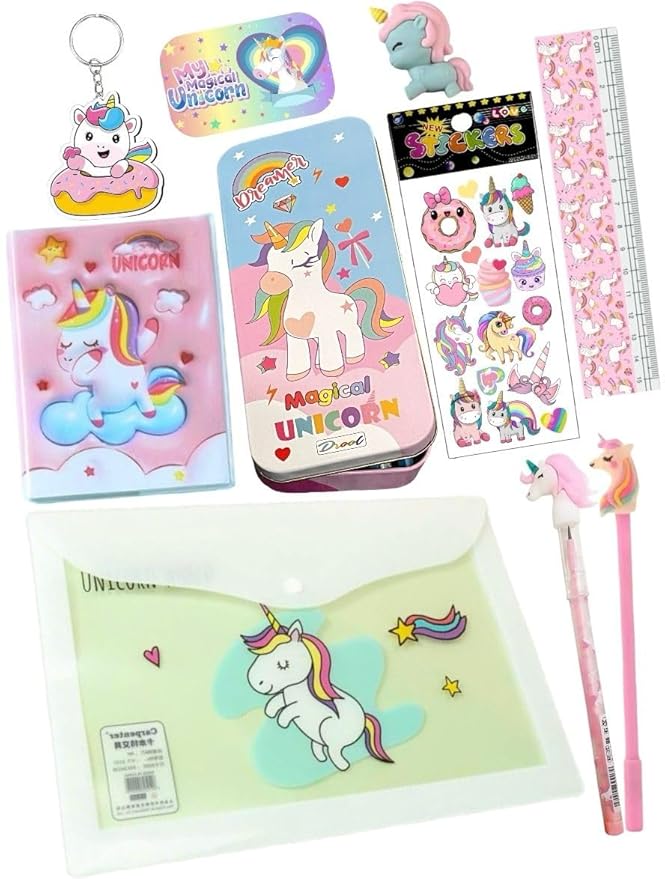 Le Delite (combo Gift Pack Of 10 Items Unicorn Stationery Set For Girls, Return Gifts For Girl & Kids, Stationery Items, Pencil Box With All Stationary