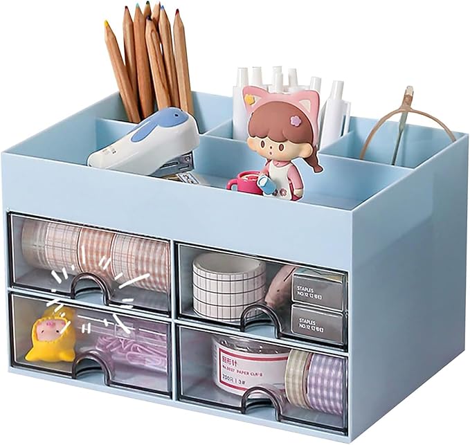 House Of Quirk Desk Organiser With Drawer, Multifunctional Desk Organizer, Office Organizer, 4 Plastic Compartments With Drawer, Storage Shelf For Office, School (blue) Stationery